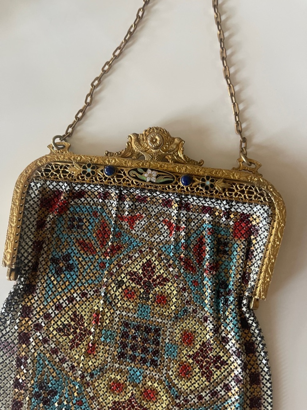 Antique 1920s Gold Mesh Evening Bag with Turquoise and Red Pattern - Picture 6 of 6